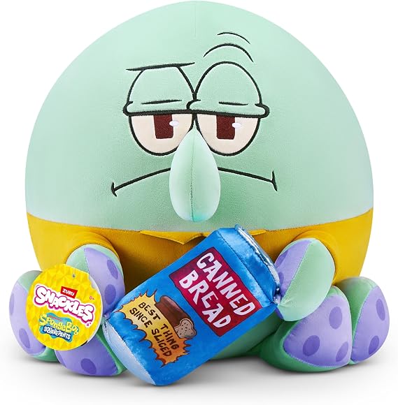 Snackles Licensed Character SpongeBob Squarepants 14-inch Plush Sqiudward & Canned Bread (SQUIDWARD TENTACLES) by ZURU, Plush with Snack Accessory