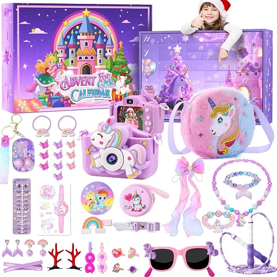 Advent Calendar 2025 Girls - Unicorn Gifts for Girl 24 Days Xmas Count Down Box, Countdown Calendar Surprises for Girl with Kids Camera, Necklace, Bracelets, Jump Rope, Hair Clips, Glasses, Rings, Bag