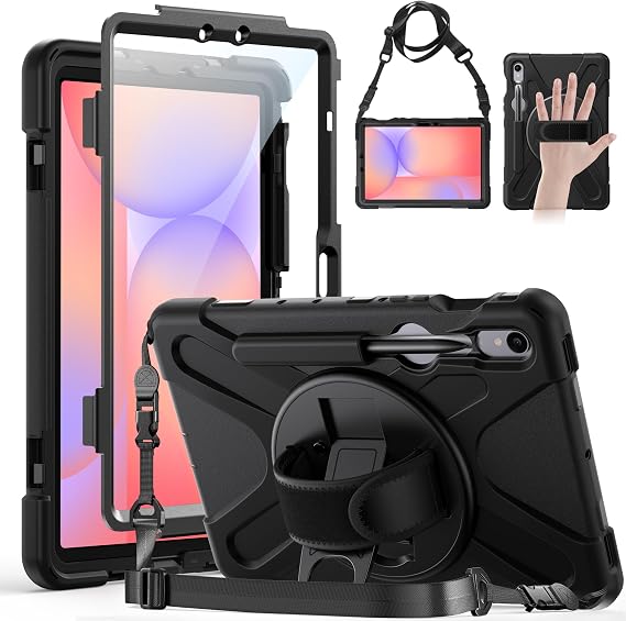 Gerutek Case for Samsung Galaxy Tab S10 Lite/S10 FE/S9 FE/Tab S9/S8/S7 5G 10.9"/11 Inch, Full-Body Drop Protective Case with Screen Protector, Pencil Holder, 360 Rotating Handle Stand Strap, Black