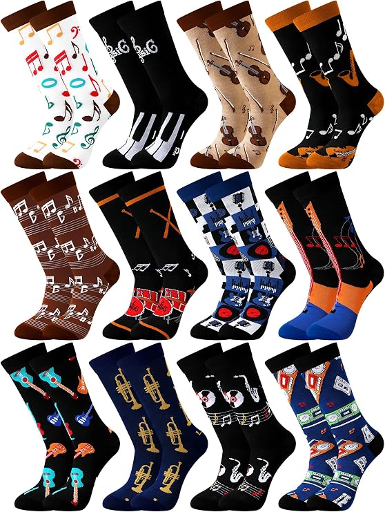 Suhine 12 Pairs Music Socks for Men Novelty Instrument Guitar Crew Socks Funny Musical Merch Birthday Holiday Gift for Music Lovers Teachers Musicians