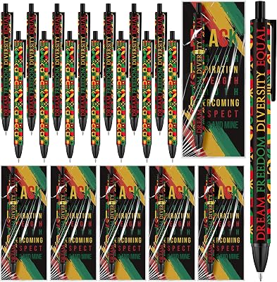 Yexiya 50 Set Black History Month Ballpoint Pens Bulk with Inspirational Bookmark Card Geometric Dream Freedom Diversity Equal Pens African American Party Supplies for Student Teacher Office School