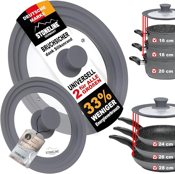 Warimex Stoneline 13705 Multifunctional Glass Lids with Silicone Edging for Pots and Pans Set of 2 Diameter 16/18 / 20 cm and 24/26 / 28 cm