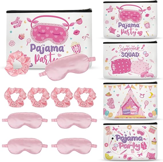 12 Pcs Sleepover Party Supplies for Girls, Includes 4 Pink Plush Eye Masks, 4 Hair Bands and 4 Double-Sided Printed Makeup Bags Slumber Party Supplies Spa Birthday Party Favors