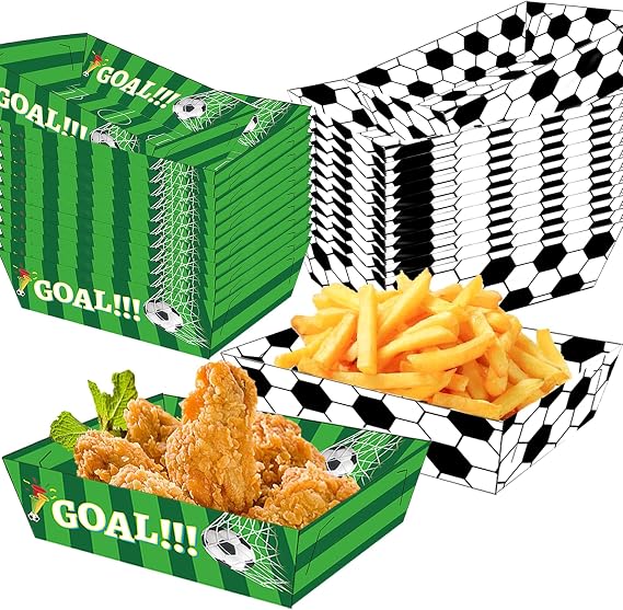 60 PCS 2lb Soccer Party Supplies Soccer Paper Food Trays Disposable Serving Tray Nacho Trays Food Boats for Sport Birthday Decorations (White Green, 2lb)