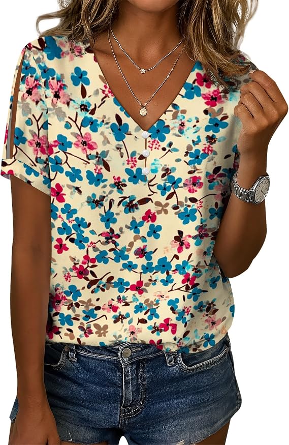 Women's Linen Tops Summer Casual Boho Floral Short Sleeve V Neck Shirts Business Dressy Work Blouses floral-24 2XL
