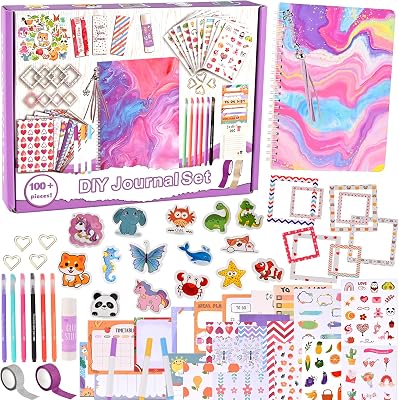 Goldge 109pcs DIY Journal Kit - Gifts for Girls Ages 8 9 10 11 12 Year Old, Scrapbook Kit for Tweens Teens Decorate Personalized PlannerOrganizer, Arts and Crafts for Kids Ages 8-12
