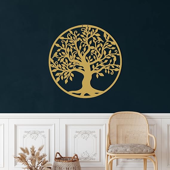 Metal Wall Decor, Family Tree,Home Living Room Decor, Wall Sign, Metal Wall Art, Interior Decoration, Indoor Outdoor Hangings, Gold (*23"W x 24"H / 58x61 cm)