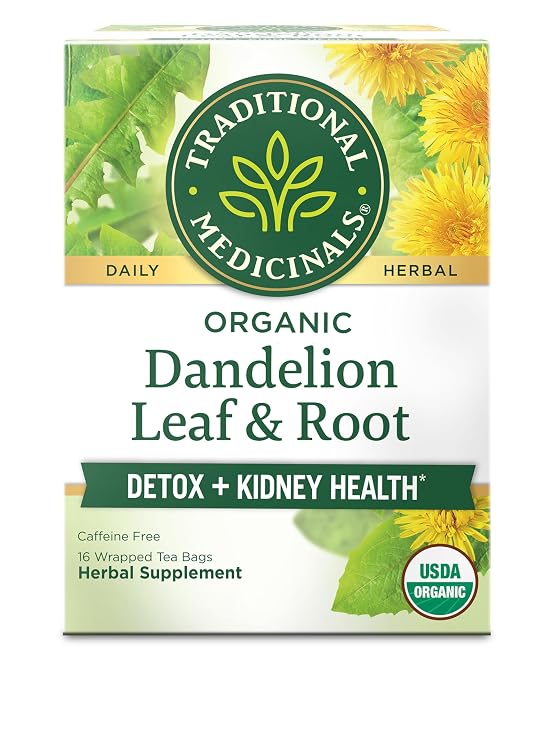 Traditional Medicinals Organic, Dandelion Leaf & Root - Dandelion Root Tea, Supports Normal Detox  Digestion - Kosher, Non-GMO, Caffeine-Free, Compostable - 16 Tea Bags
