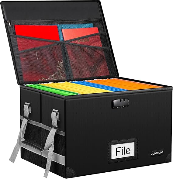 JUNDUN File Box with Lock,Fireproof Document Box with Handle and Zipper,Collapsible File Organiser,Home Office Fire Safe Storage Filing Box for A4 Suspension File Folder