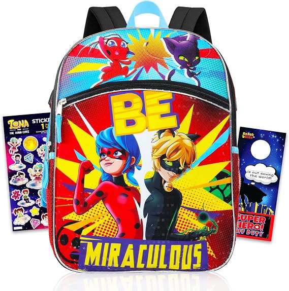 Miraculous Ladybug Backpack for Girls School Bundle w/ 16in Bookbag + More | Large Durable Miraculous School Bag w/ Front Zip Pocket Plus Stickers, More - Miraculous Ladybug School Supplies