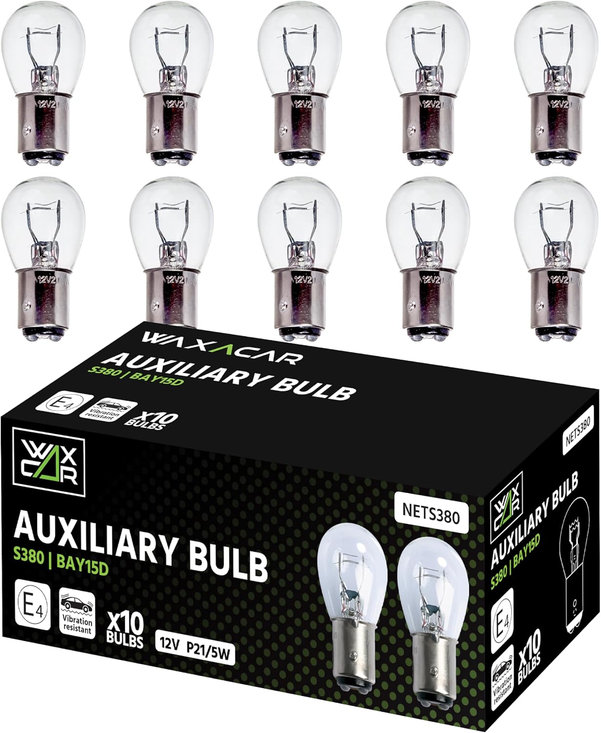 Vehicle Light Bulbs, Multi-Purpose for Tail, Brake, Fog, Indicator, Reverse Lights, 10 Pack, Universal Fit, Halogen, 21W, Compatible with Car, Van, Trailer, Truck, Bike (380 (10 Pack))