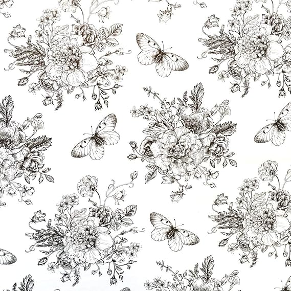 Self Adhesive Vinyl White and Black Vintage Floral Shelf Liner Contact Paper for Cabinets Dresser Drawer Furniture Walls Decal 17.7X196 Inches