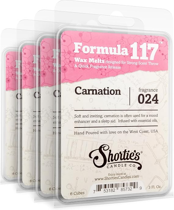 Shortie's Candle Company Pure Carnation Premium Wax Melts 4 Pack - 12 Oz., Strong & Long Lasting, Non-Toxic - Made with Essential & Natural Oils - Formula 117