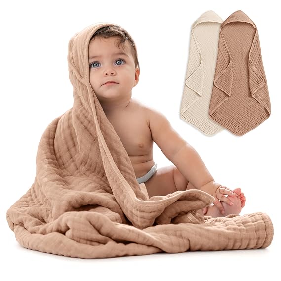 Comfy Cubs Hooded Baby Towel 2-Pack, Large 32 x 32 Inch - 6 Layer 100% Muslin Cotton for Babies, Toddlers, Kids - Soft & Absorbent Baby Bath Towels - Unisex Design for Bath Time, Cedar and Sand