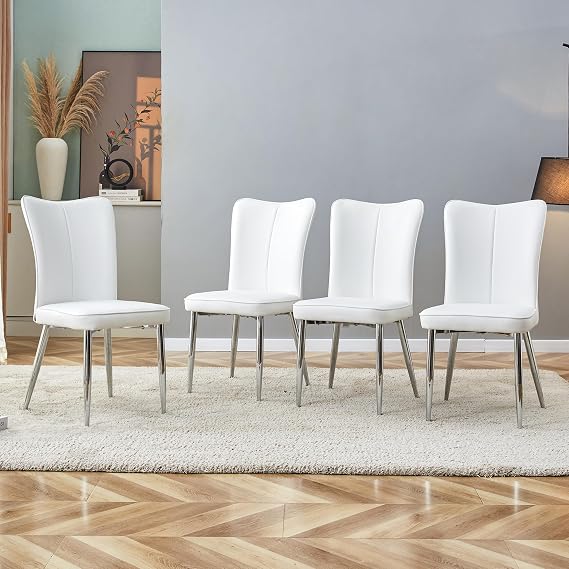 White Chairs Set of 4,White Kitchen Chairs with Leather Upholstered and Metal Legs, Leather for Dining Room Living Kitchen(WH-S,4)