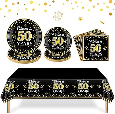Zhehao 101 Pcs 50th Birthday Party Decorations Set for Men Women, Black and Gold Cheers to 50 Years Party Supplies Includes 50 Paper Plates 50 Napkins 1 Tablecloth for Birthday Wedding Anniversary