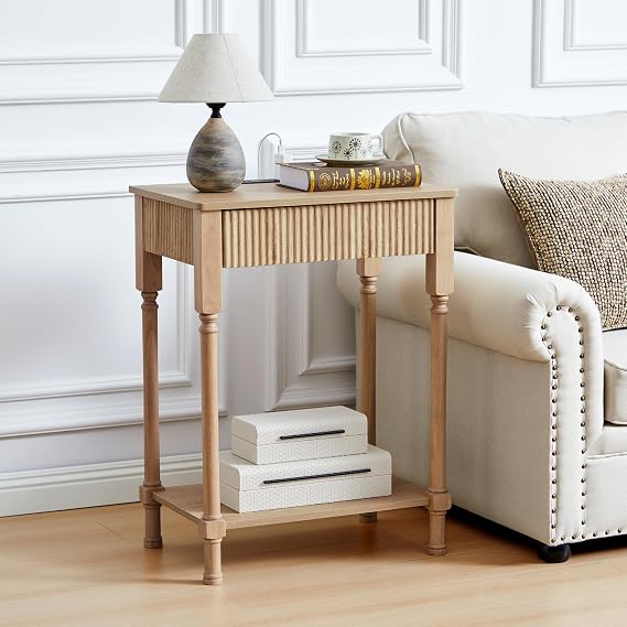 23.6 Large End Table with Charging Station, Modern Farmhouse Side Table Sofa Tables with Fluted Drawer, Wooden Bedside Table Night Stand for Bedroom Living Room Home Office, Natural