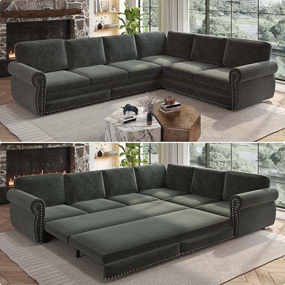 118" L Shaped Sectional Sleeper Sofa Couch with Pull Out Bed