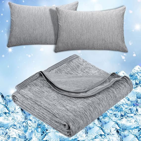 CHOSHOME 1 Pack Grey Cooling Blanket 90" X 108" and 2 Pack Cooling Pillow Cases 20" X 30", Bundle
