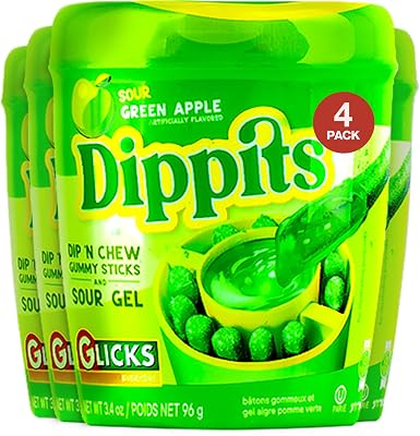 Glicks Dippits Sour Green Apple 4 Pack | Gummy Sticks with Tangy Sour Sauce | Sweet & Sour Candy | Kosher