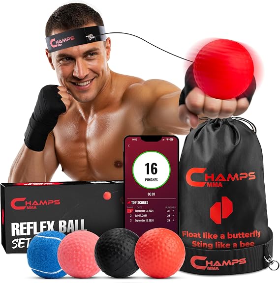 Champs MMA Boxing Reflex Ball Set with Punch Counter App Hand-Eye Coordination & Speed Training Kit