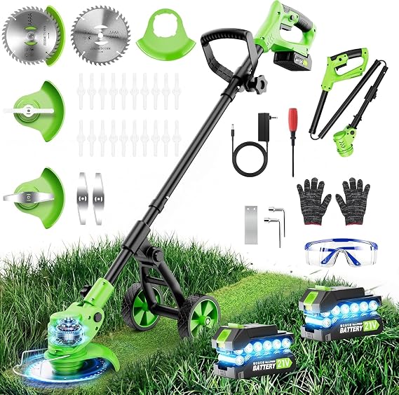 Cordless Weed Wacker with Wheels 4-in-1, 4000mAh Battery Powered Stringless Weed Eater, Brushless Grass Trimmer with 2 Batteries, 3 Blade, Adjustable Head, Lightweight Lawn Edger Brush Cutter