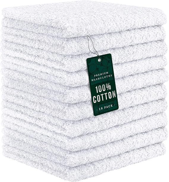 DecorRack 10 Pack 100% Cotton Wash Cloth, Luxurious Soft, 12 x 12 inch Ultra Absorbent, Machine Washable Washcloths, White (10 Pack)