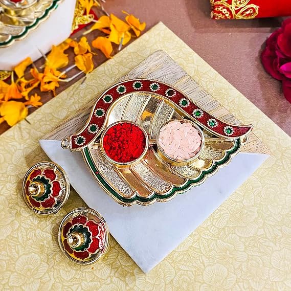 SATVIK 1 Pc Golden Decorative Designer Roli Chawal/Rice Holder, Akshata Kumkum Haldi Holder Indian Festival Rakhi Pooja Thali Diwali Pujan Puja Mandir Tika Platter Housewarming Gifts Items