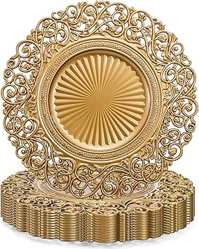 Foraineam Gold Charger Plates Set of 12, 13" Round Plastic Dinner Chargers, Decorative Hollowed Out Flowers Serving Plates for Table Setting, Catering, Wedding, Party, Event