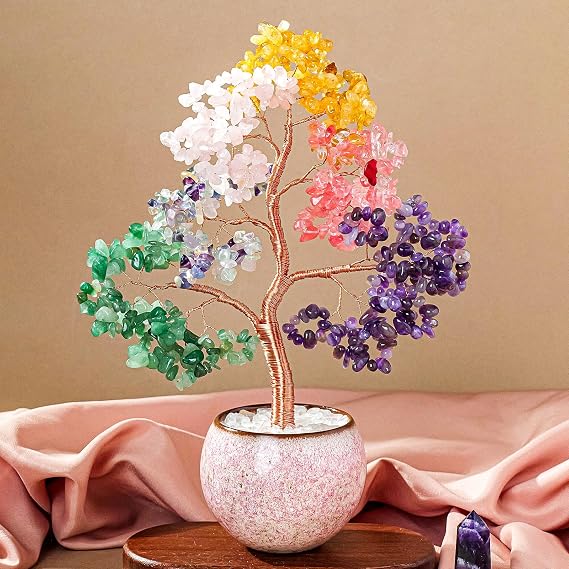 Crystal Tree of Life 7 Chakra Healing Crystals Trees for Home Decor, Office Desk Decor, Handmade Bonsai Trees for Positive Energy, Money, Good Luck Birthday Gifts for Women, Mom