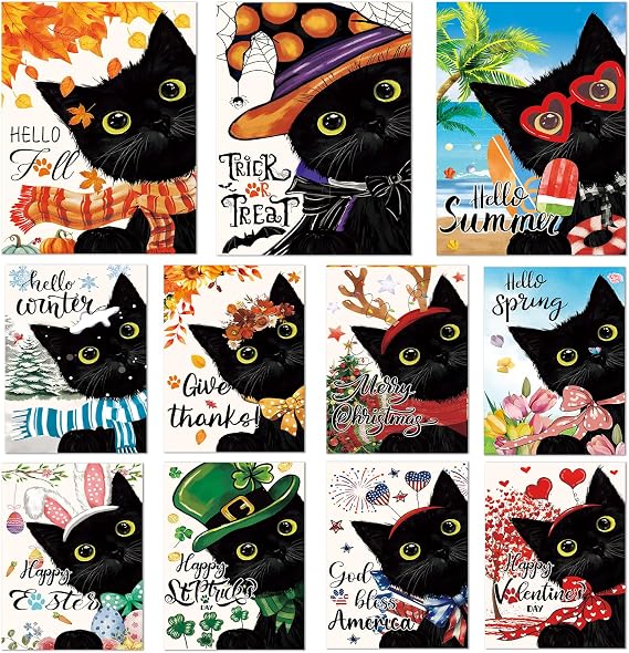Cat Garden Flags Set of 11, Double Sided 12 x 18 Inch Black Cat Yard Flags | Small Cat Themed Garden Flag for Outside, Fall Summer Halloween Christmas Outdoor Flags, Holiday Garden Flags for All Seasons