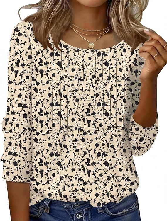Ivicoer Women's 3/4 Length Sleeve Tops Crewneck Button Pleated Dressy Casual Blouses