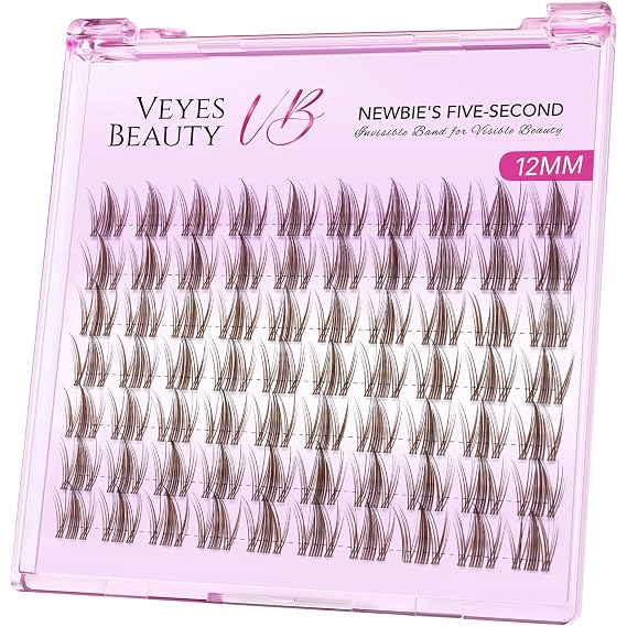 VEYESBEAUTY Manga Brown Lash Clusters Individual Eyelash Extensions 12mm | Thin & Invisible Band DIY False Eyelashes Newbie's Five-Second Series Wispy Lashes Tray for Self-application