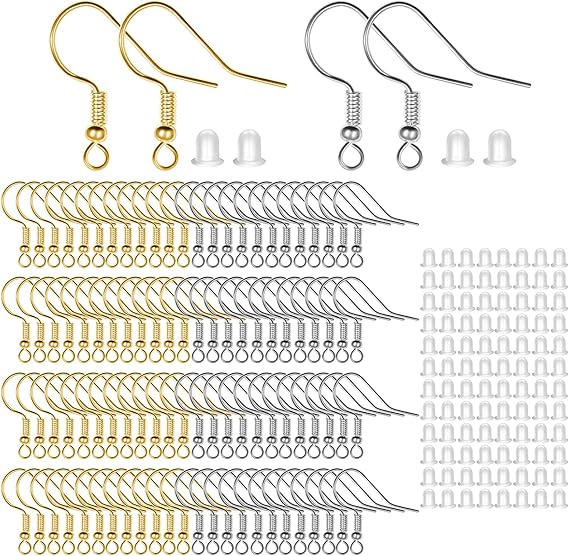 Earring Hooks for Jewellery Making, 100 PCS/50 Pairs Sterling Silver Earring Hooks with Clear Silicone Ear Backs, Hypoallergenic Jewellery Making Supplies (Silver&Gold)