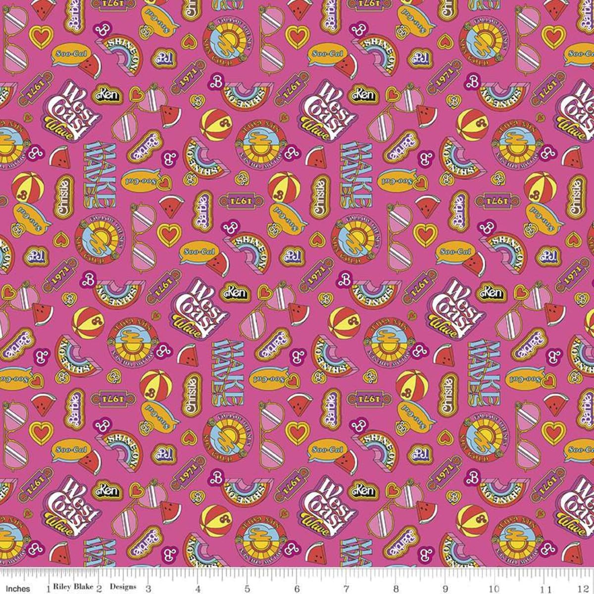 Riley Blake Collection of Barbie-Themed Merchandise, Including 5” Stackers, Rolies, Panels, and More… (Malibu Barbie Icons HOT Pink 36" x 43")