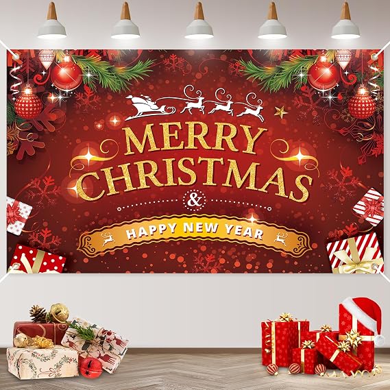Large Christmas Banner Decorations, Merry Christmas Banner Background Happy New Year Decoration, Red Christmas Banners Photo Booth Wall Decor Christmas Porch Hanging Sign for Indoor Outdoor Home Party