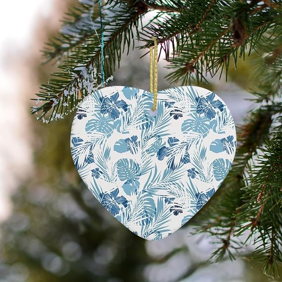 Leaf Christmas Ceramic Ornament,Hawaiian Flowers Palm Tree Leaves,Holidays Ornaments Creative Round Porcelain Ornament Christmas Tree Home Decoration,Blue (Heart)