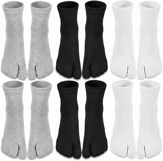 Yolev 6 Pairs Split Toe Socks, Japanese Socks, Soft Cotton Tabi Socks, Elastic Big Toe Geta Socks with Toes Separated for Women Men Unisex (Black, White and Gray)