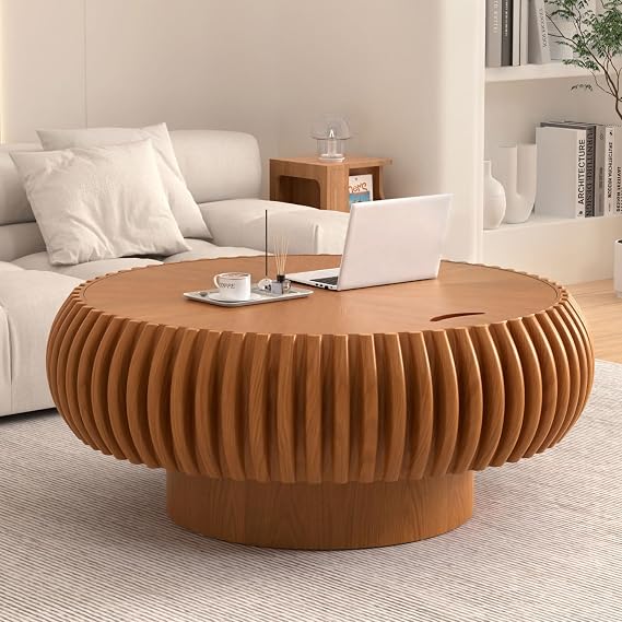 80 cm Round Coffee Table with Storage, Brown