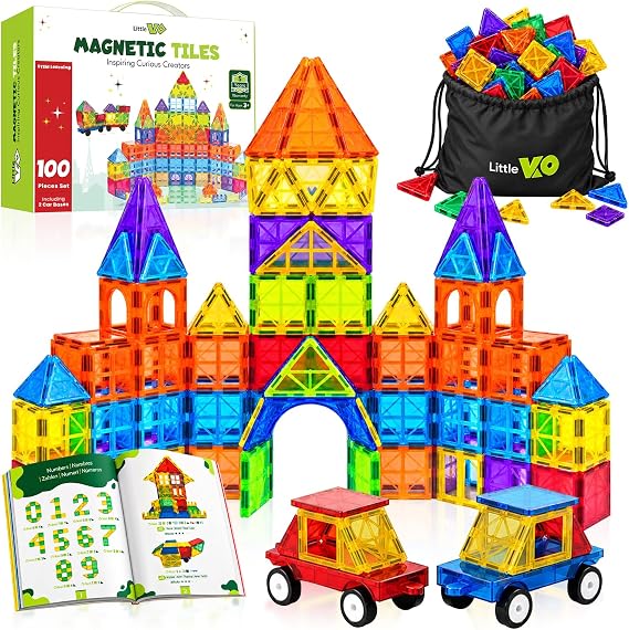 Magnetic Tiles 100 pcs with 2 Cars, STEM Building Blocks for Kids, Educational Gift, Magnet Construction Toys for Toddlers, School Teacher Supplies, Classroom Must-Haves