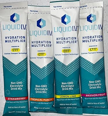 Electrolyte Drink Hydration Multiplier Variety Pack - Passion Fruit, Strawberry, Lemon Lime, Tropical Punch, Liquid IV Variety Pack - Hydration Powder Packets | Electrolyte Drink Mix | Easy Open Single-Serving Sticks | Non-GMO 4 Count Assortment