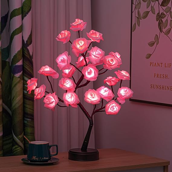 LED Rose Tree Lamp Flower Light with Pink Roses for Home Decor