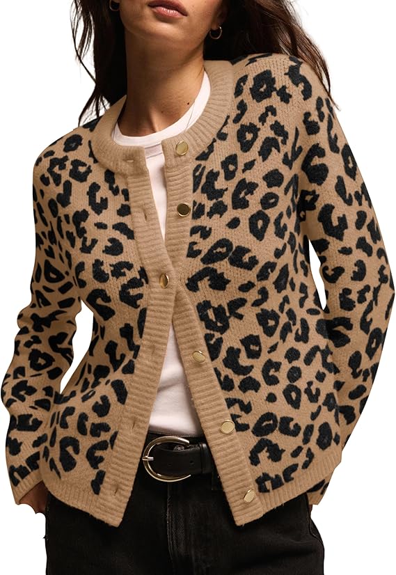 TERIVEEK Leopard Cardigan Sweaters for Women Cheetah Print Open Front Button Down Long Sleeve Casual Knit Outwear Coats