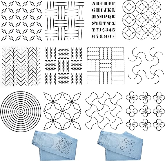 12 Pcs Quilting Stencils Sashiko Stencil 4.7 * 4.7 Inch Sashiko Patterns Stencils Drawing Line Sashiko Template Pattern for Sewing Hand Quilting and Embroidery (12)