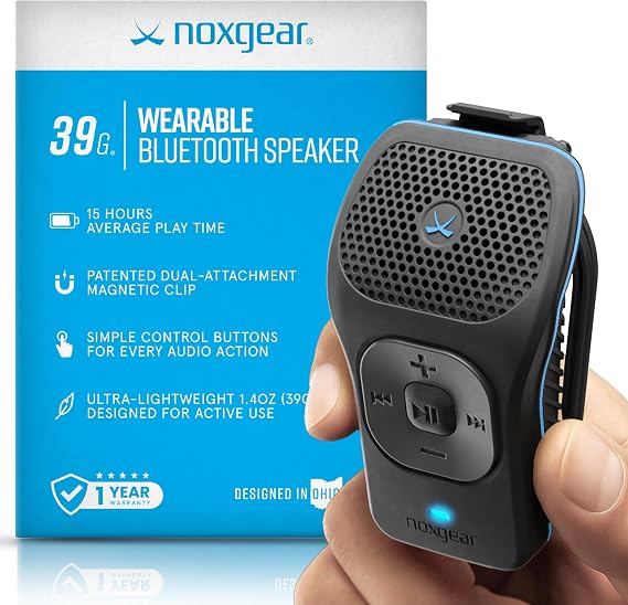 noxgear 39g Wearable Bluetooth Speaker, Mini Clip-On, Black | Small Magnetic Clip-On Bluetooth Speaker, IPX7 Waterproof, 15 Hour Battery, Open-Ear Awareness, Microphone, 100ft Range