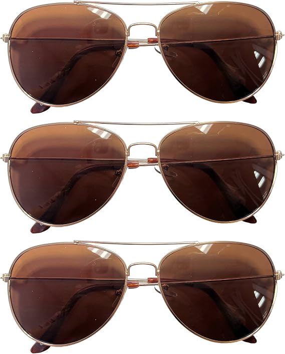 Classic Aviator Brown Lens Sunglasses Metal Frame Gold Color 3 Pack