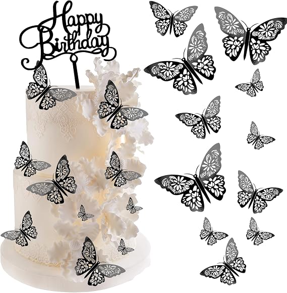 Black Butterfly Cake Decorations, 24 Pcs 3D Cutout Butterfly Cake Topper for Birthday Party, Wedding Bouquet or Wall Sticker Decoration, 3 Sizes Includes, with 1 Piece Happy Birthday Sign