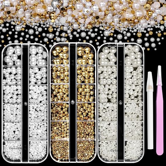 3 Boxes Gold Flatback Pearls for Crafting, White Beige Half Round Pearl Nails Art Charms, Mix Size 2-8 mm Beads Nail Pearls for Nail Art Jewels Face Makeup with Pickup Pencil Tweezer