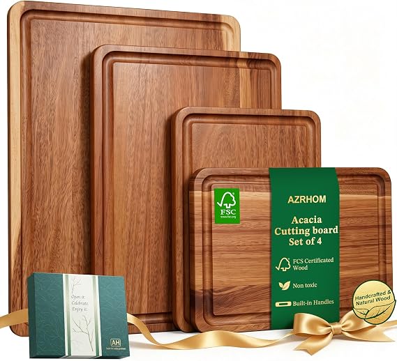 AZRHOM Large Solid Acacia Wooden Chopping Board Set of 4 for Kitchen