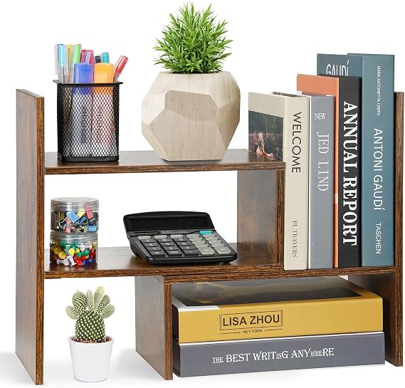 Sorfity Expandable Wood Desktop Bookshelf Desktop Organizer Office Storage Rack Wood Display Shelf, Counter Storage Rack Top Bookcase - Freestyle Display Natural Stand Office Supplies Desk Organizer